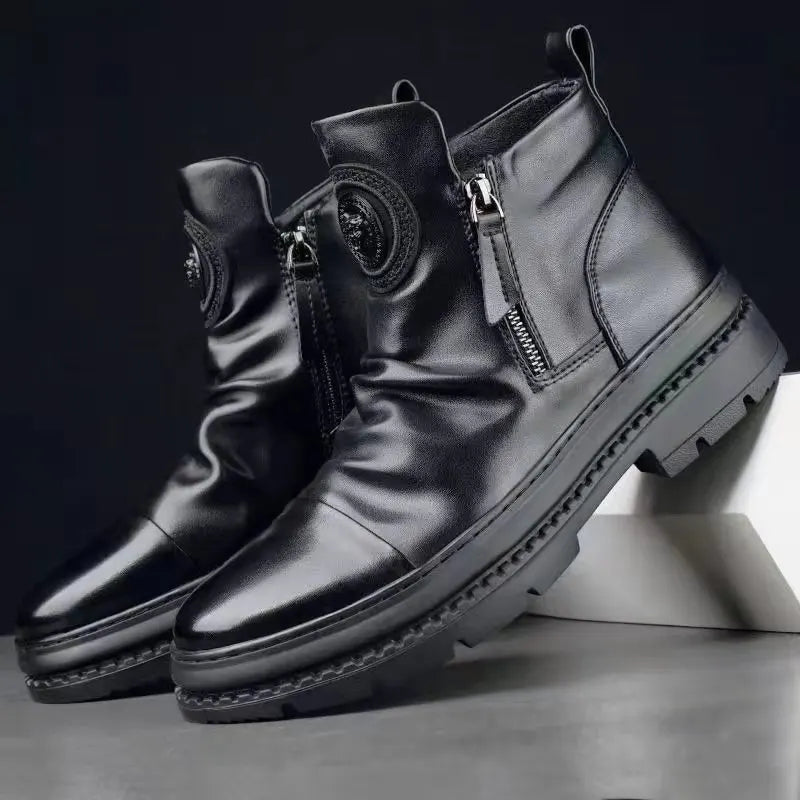Men's Boots Fashion Motorcycle Boot Luxury Leather Ankle Boots Plush Warm Winter Boots for Men Casual Platform Boot Botas Hombre