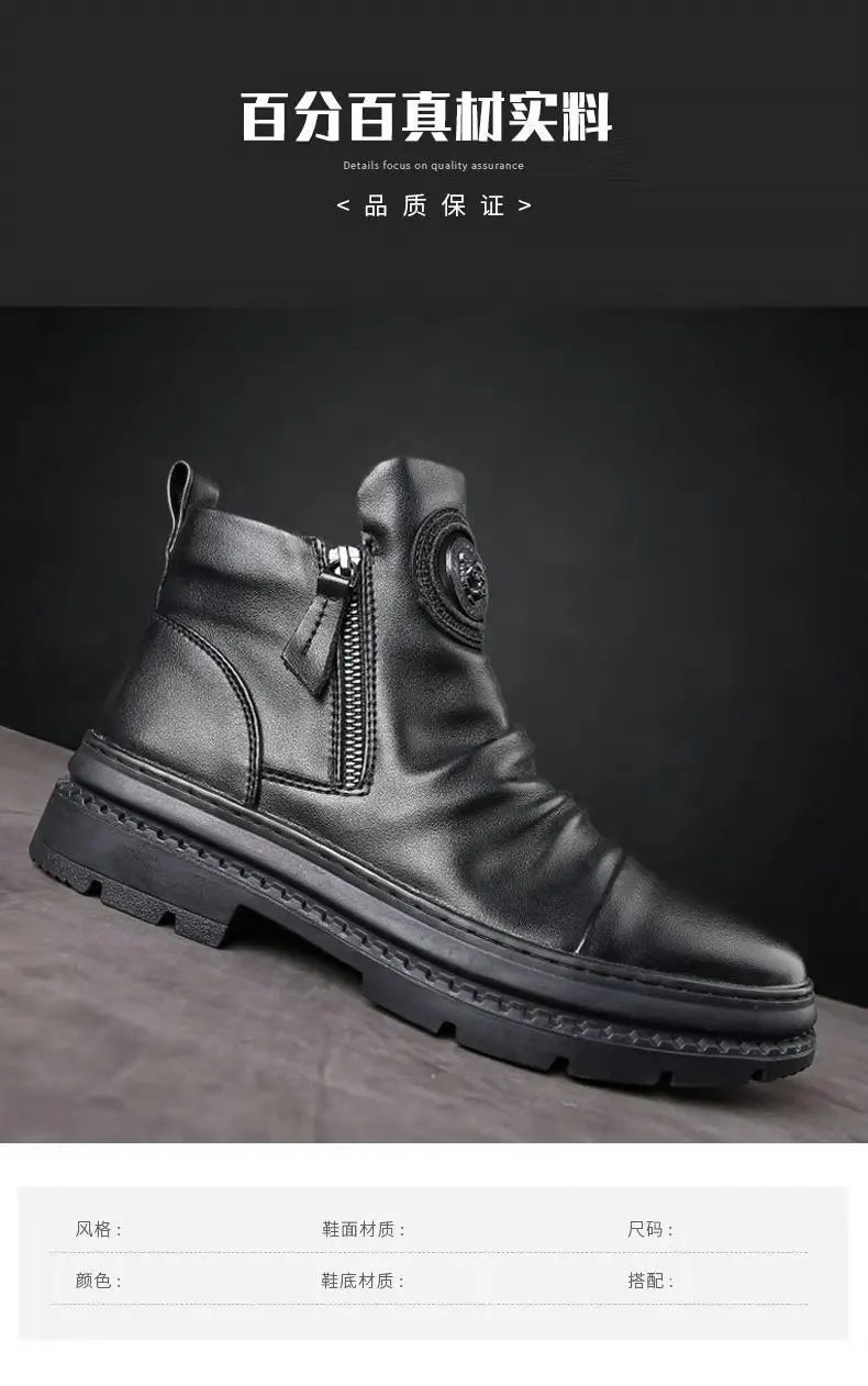 Men's Boots Fashion Motorcycle Boot Luxury Leather Ankle Boots Plush Warm Winter Boots for Men Casual Platform Boot Botas Hombre