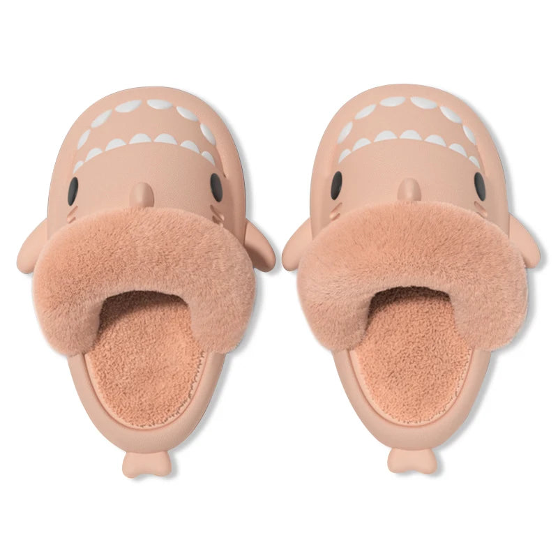 Comwarm Plush Shark Slippers For Women Men Winter Warm Cartoon Cotton Slippers Couple Non-Slip Waterproof Outdoor Home Shoes