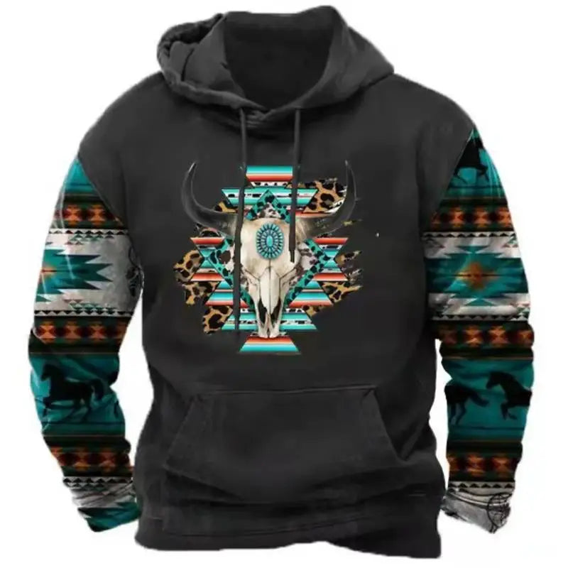 2026 Fall Vintage Print Hoodie Western Cowboy Hoodie Sweatshirt Everyday Casual Oversized Pullover Vintage Street Wear
