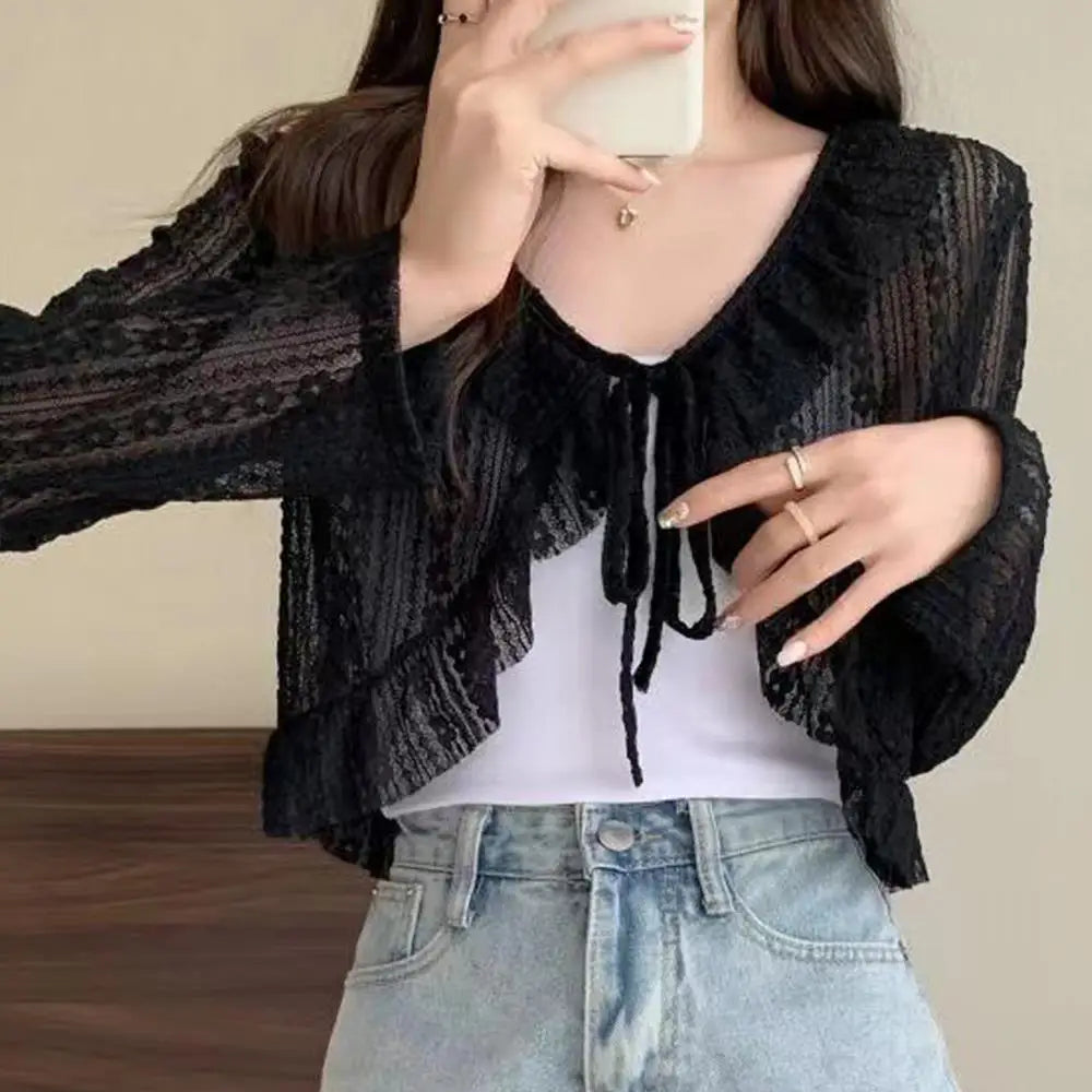 New Lace Ruffle Summer Sexy Long Sleeve Tops Girl's Sun Protection Clothing Women Crop Tops Lace Bow Ruffle Shirt Tops For Woman