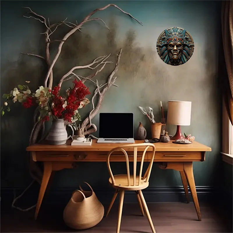 Aztec Warrior 8" Round Aluminum Wall Art - UV & Scratch Resistant, Easy-Hang Decor for Home, Office, Coffee Shop