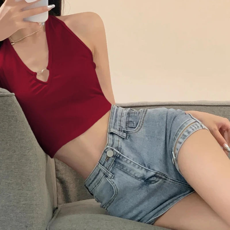 Women Sexy Cropped Crop Tanks Tops Chic Students Halter Club Holiday Party Slim Fit Shirts Summer Fashion High Street Camisole
