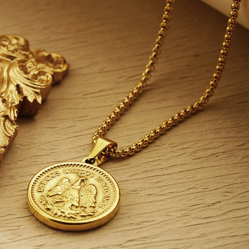 Men Women Round Mexican Coin Centenario Moneda 50 Pesos Pendant Necklace