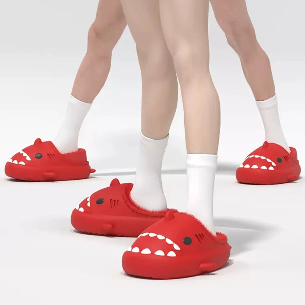 Comwarm Plush Shark Slippers For Women Men Winter Warm Cartoon Cotton Slippers Couple Non-Slip Waterproof Outdoor Home Shoes