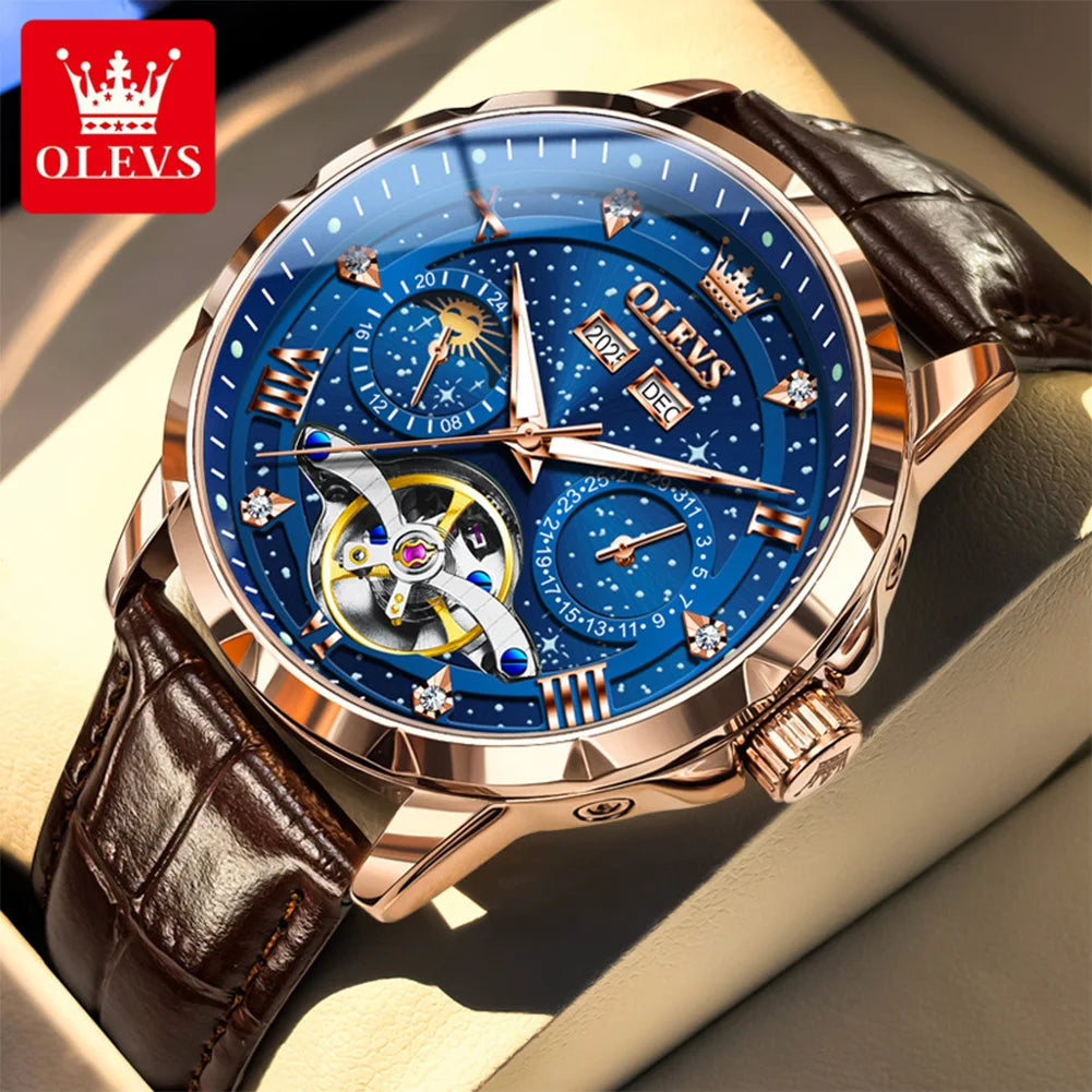 OLEVS 6690 Luxury Men Mechanical Watch Fully Automatic Watch Men's Brand Starry Sky Flywheel Moon Phase Hollow Men Formal Watch