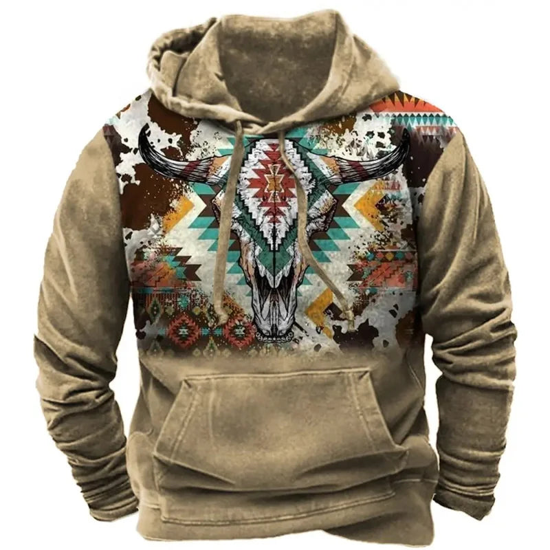2026 Fall Vintage Print Hoodie Western Cowboy Hoodie Sweatshirt Everyday Casual Oversized Pullover Vintage Street Wear