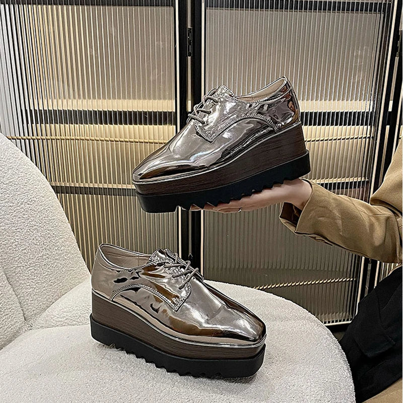 8cm Heeled Platform Wedge Shoes Fall High Heels Wedges Women Patent Leather Lace Up Square Toe Creepers Pumps Damen Luxus
