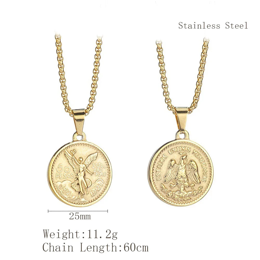 Men Women Round Mexican Coin Centenario Moneda 50 Pesos Pendant Necklace