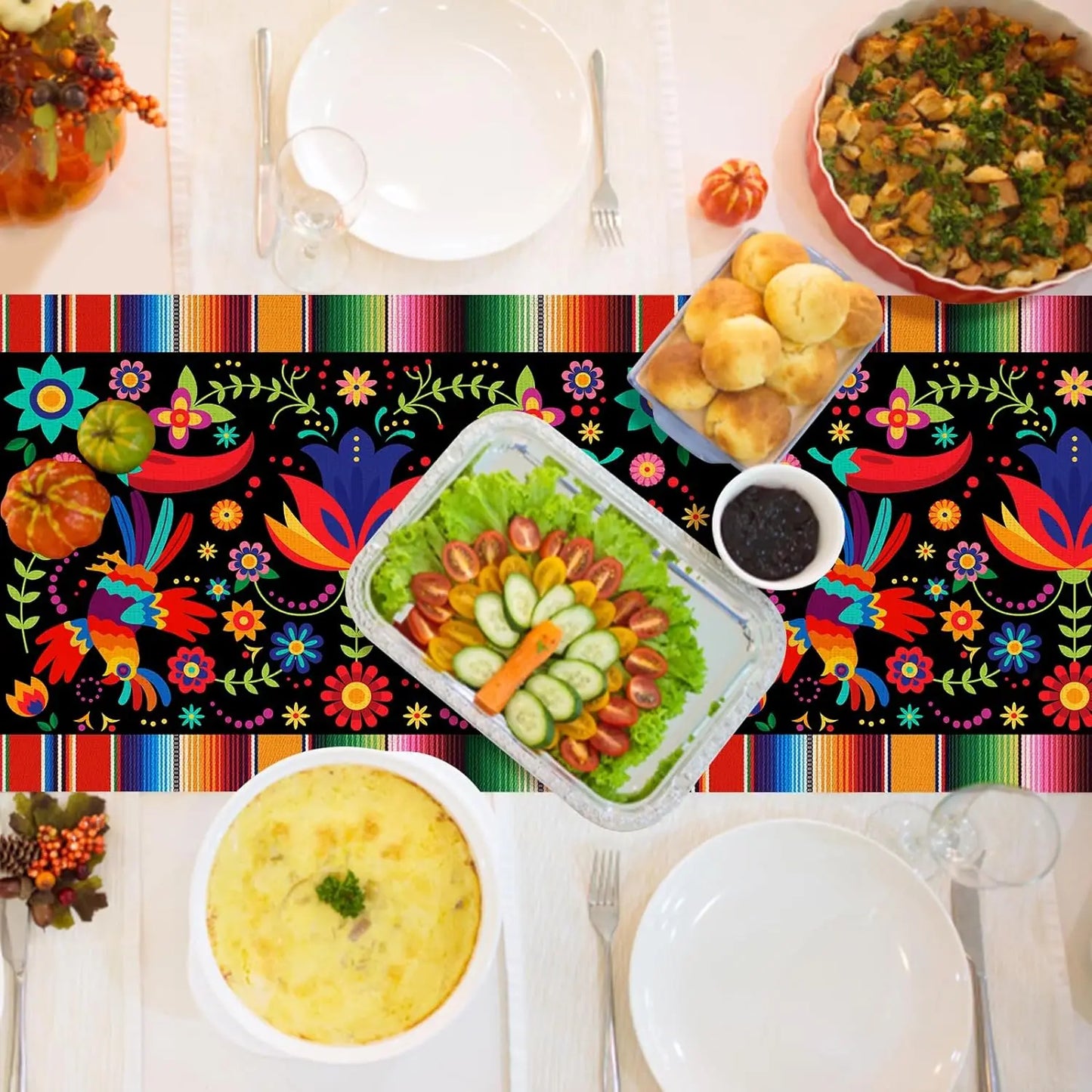 Mexican Fiesta Linen Table Runner Decorations Inco De Mayo Dia De Los Muertos Farmhouse Kitchen Dining Table Runner Party Decor