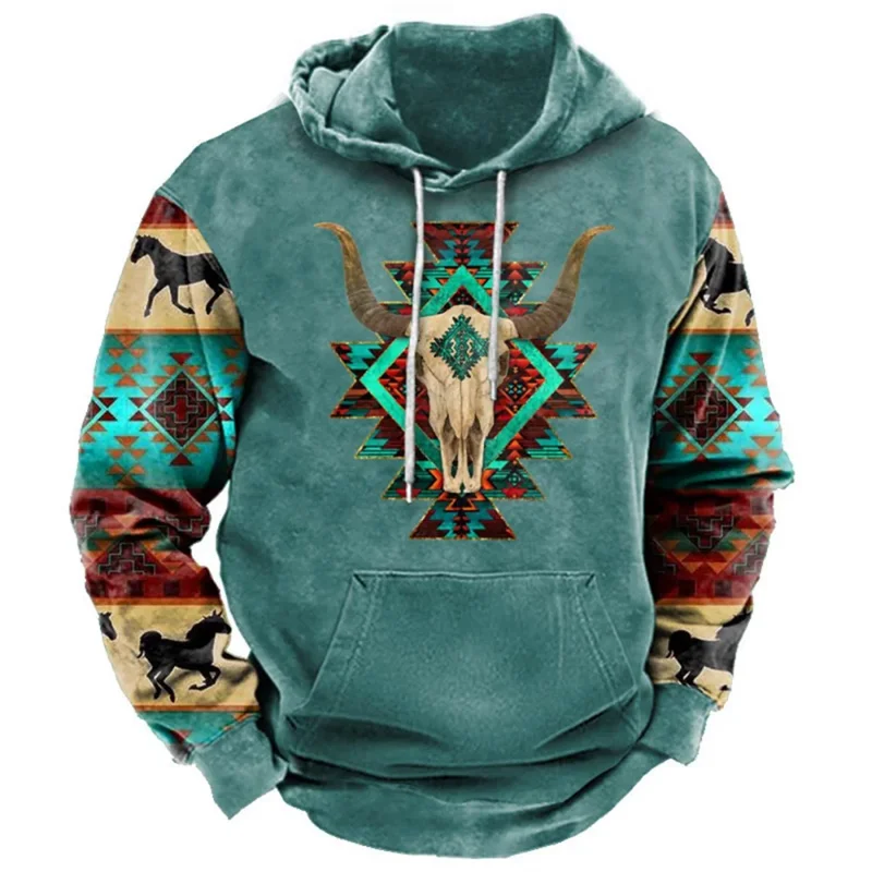2026 Fall Vintage Print Hoodie Western Cowboy Hoodie Sweatshirt Everyday Casual Oversized Pullover Vintage Street Wear
