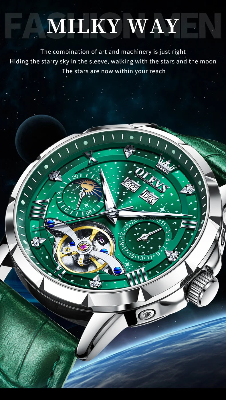 OLEVS 6690 Luxury Men Mechanical Watch Fully Automatic Watch Men's Brand Starry Sky Flywheel Moon Phase Hollow Men Formal Watch