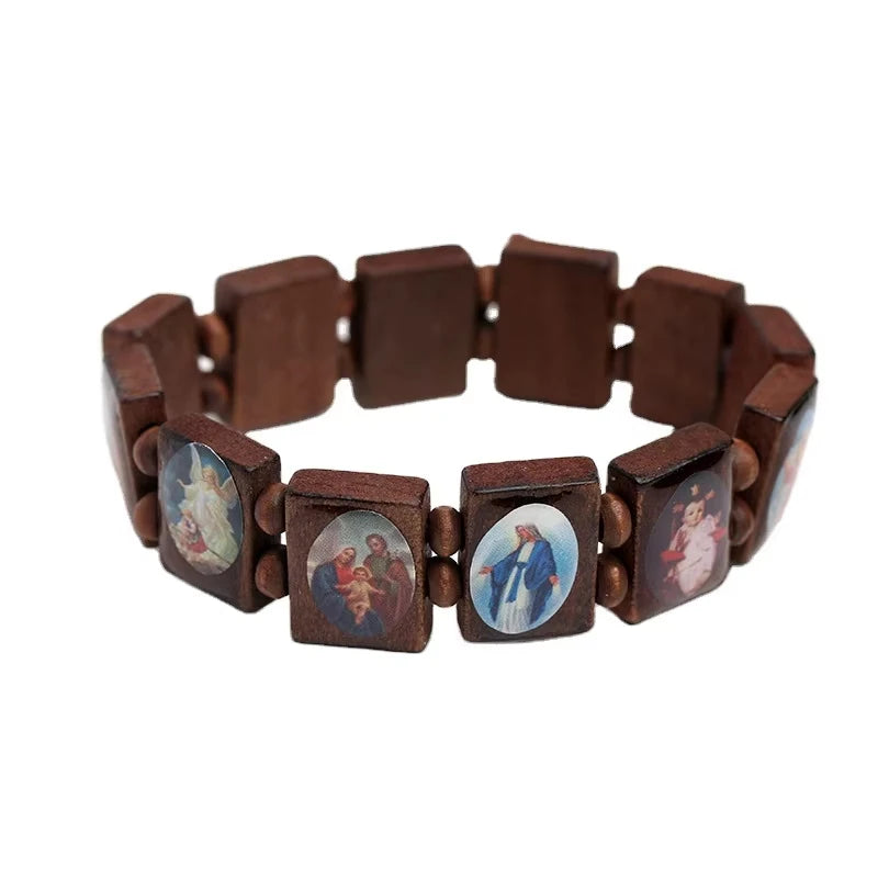 Saints Religion Rosary Wooden Bracelets Men Women Fashion Holy Icon JESUS Virgin Mary Catholic Jesus Beads Bracelet Jewelry Gift