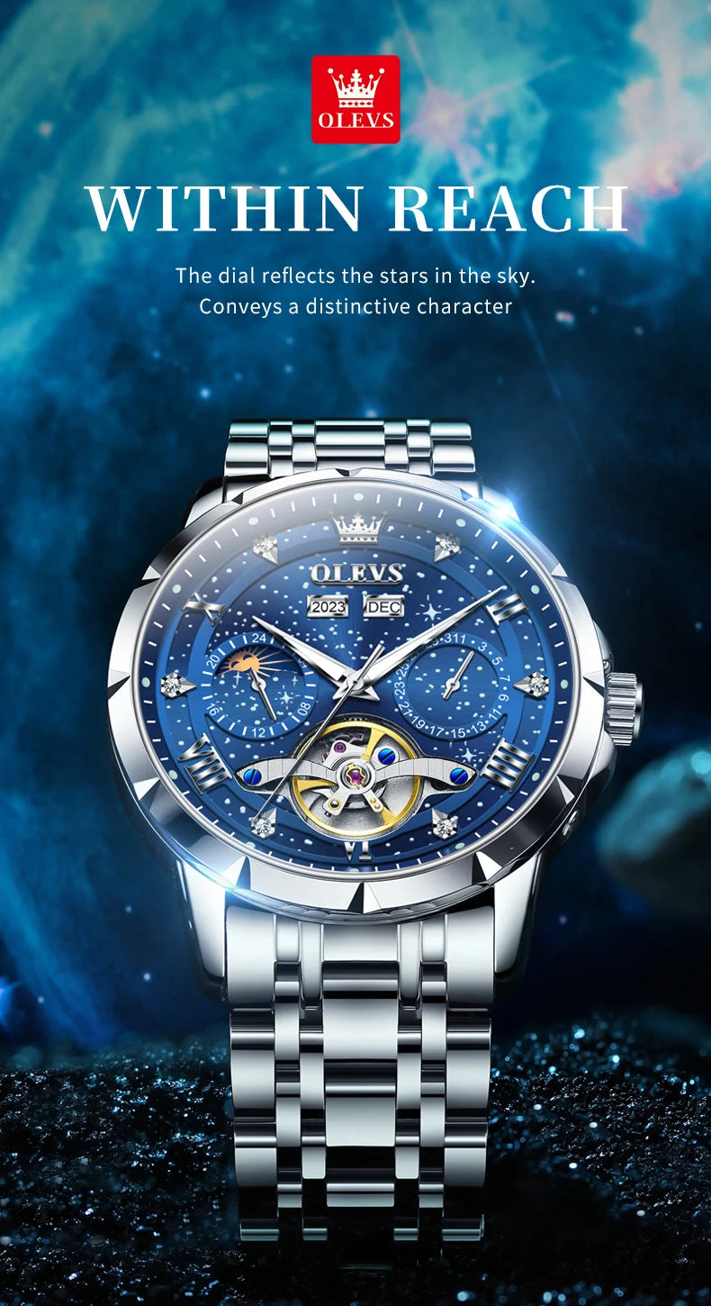 OLEVS 6690 Luxury Men Mechanical Watch Fully Automatic Watch Men's Brand Starry Sky Flywheel Moon Phase Hollow Men Formal Watch