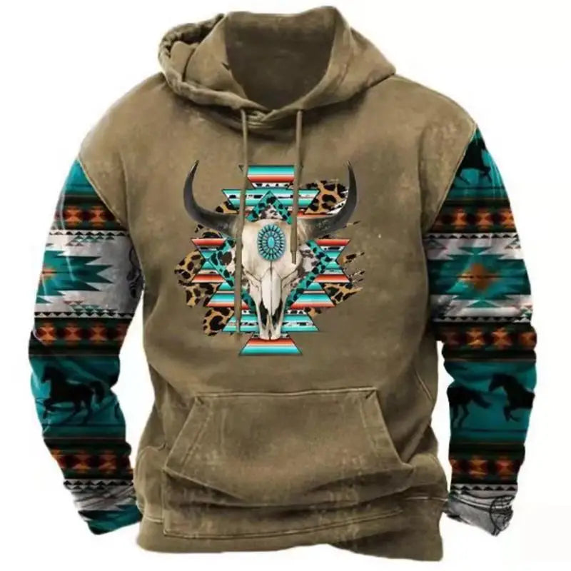 2026 Fall Vintage Print Hoodie Western Cowboy Hoodie Sweatshirt Everyday Casual Oversized Pullover Vintage Street Wear