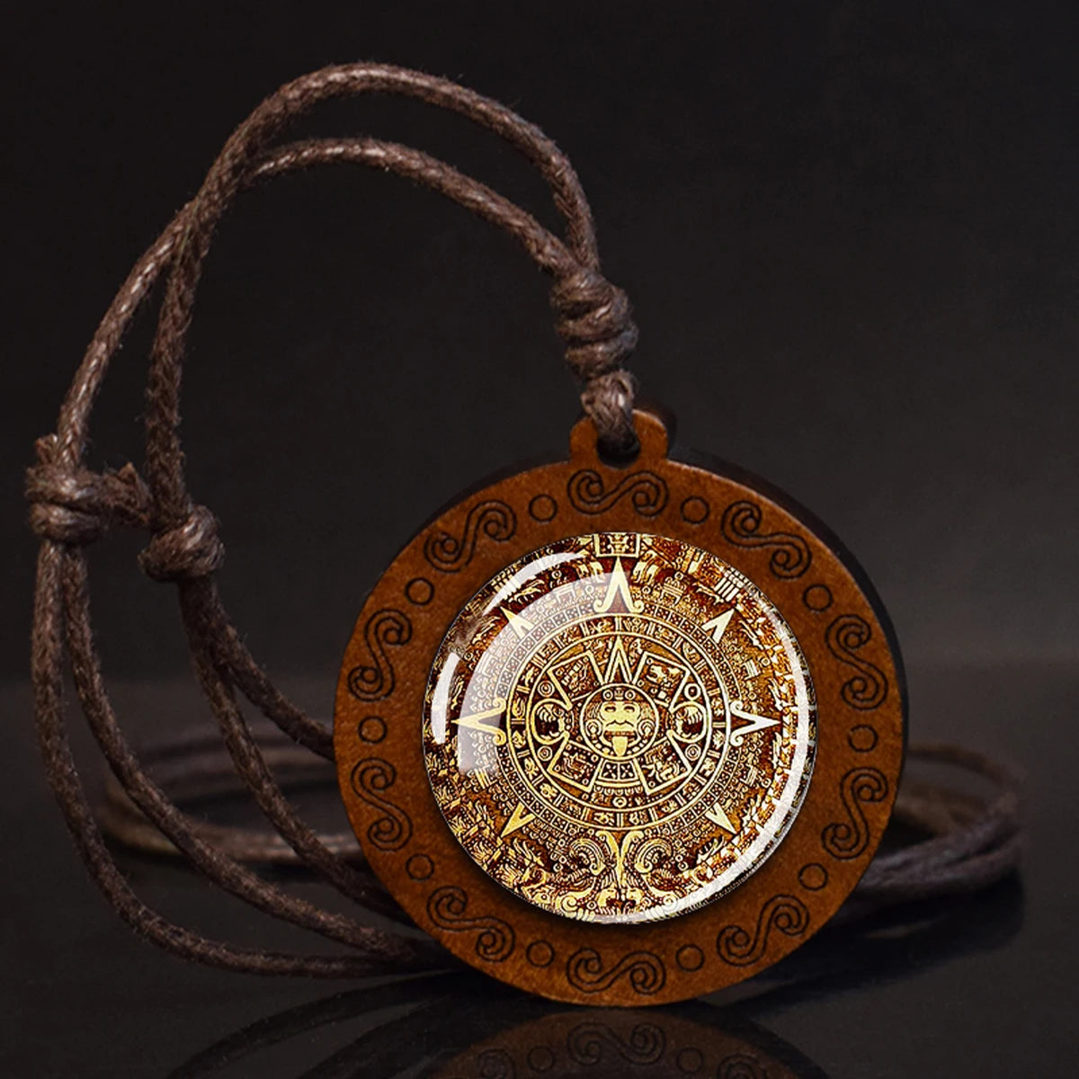 Aztec Calendar Necklace Ancient Mexico Mayan Era Glass Dome Vintage Jewelry Wooden Pendant Rope Chains Necklace for Women Men