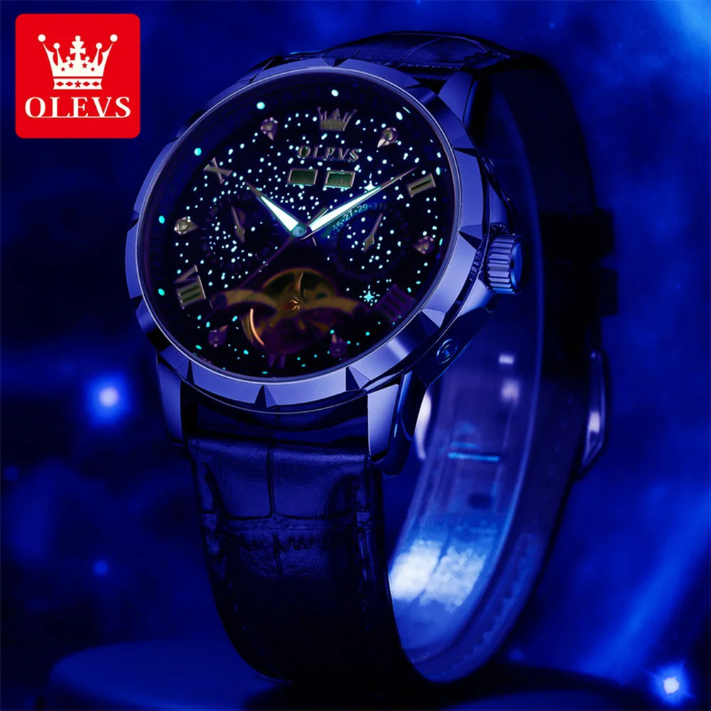 OLEVS 6690 Luxury Men Mechanical Watch Fully Automatic Watch Men's Brand Starry Sky Flywheel Moon Phase Hollow Men Formal Watch