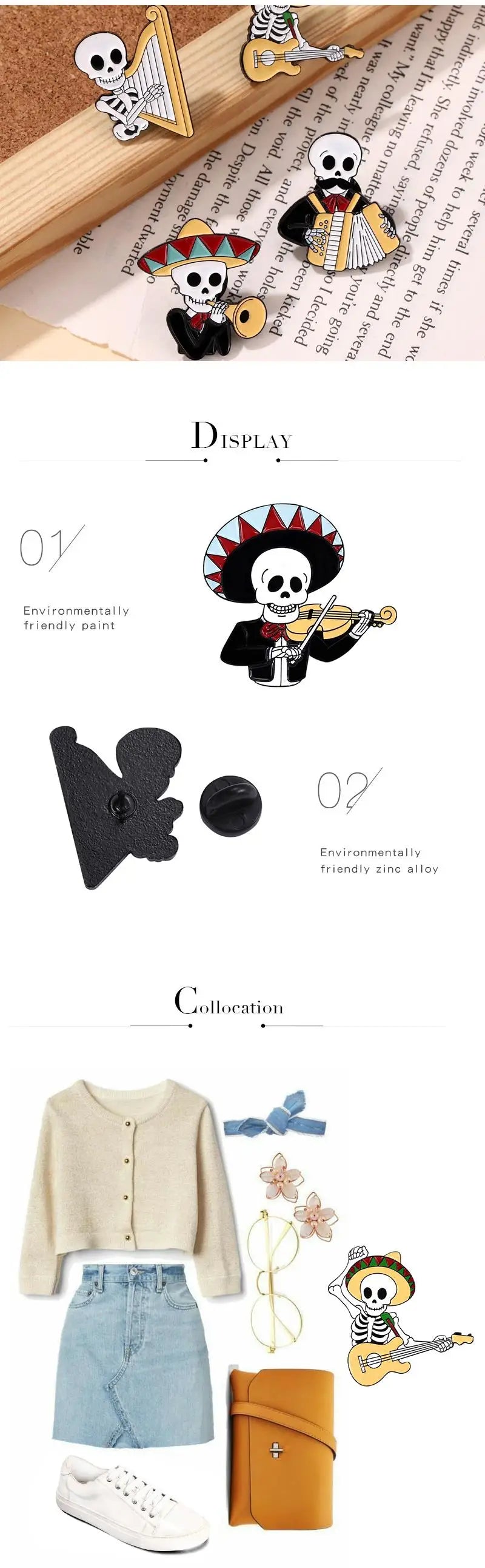 Mexican Concert Enamel Pins Custom Accordion Violin Harp Brooches Lapel Badges Gothic Performers Jewelry Gift for Friends