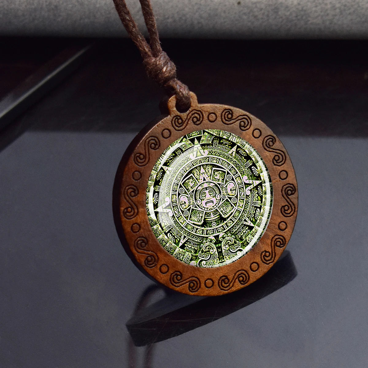 Aztec Calendar Necklace Ancient Mexico Mayan Era Glass Dome Vintage Jewelry Wooden Pendant Rope Chains Necklace for Women Men
