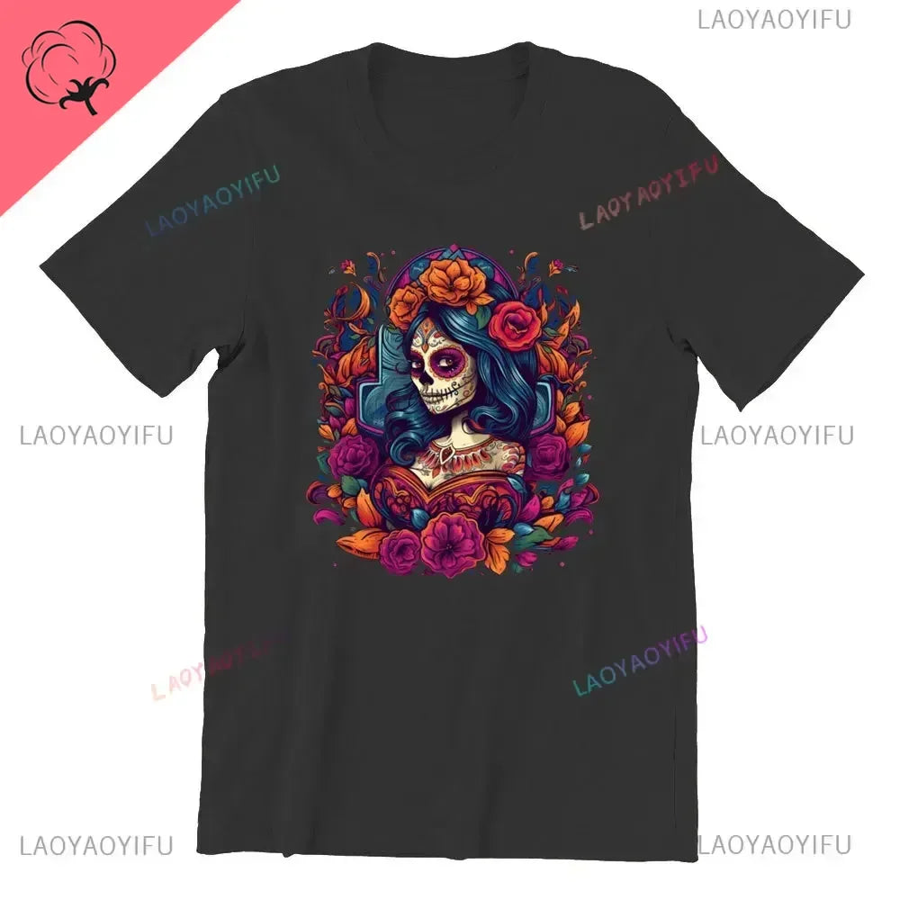 Sugar Skull T-Shirt La Catrina Girl with Purple Roses Dia De Los Muertos Sugar Skull Day of The Dead Tee Gifts for Men and Women