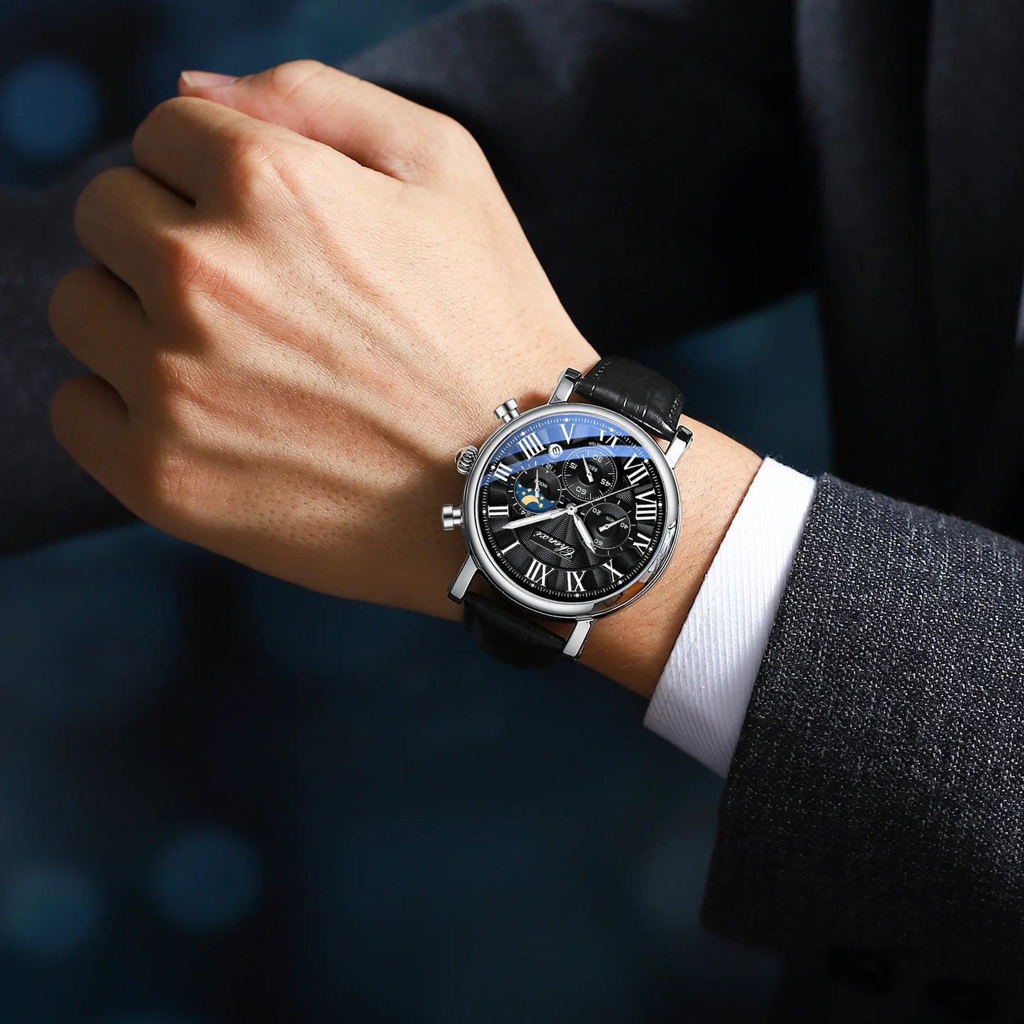 CHENXI 973 Quartz Watch Multi-function Business Moon Phase Date Waterproof Rome Analog Dial Leather Wrist Watch for Male