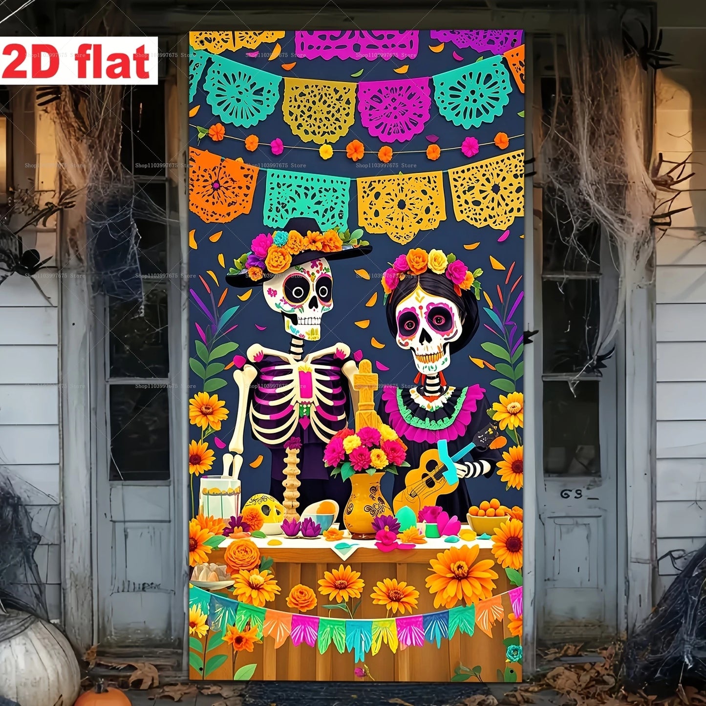 Day of The Dead Sugar Skull Flowers Backdrop Dia De Los Muertos Mexican Fiesta Door Banner for Indoor Outdoor Background Decor