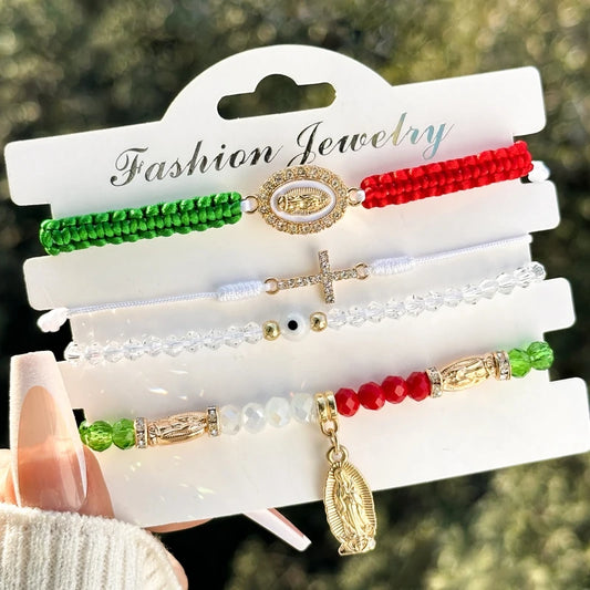 4 Pcs/Set Fashion Mexican Series Cross Virgin Mary Bracelets With Card, Red White Green Braided Bracelet Set For Women Jewelry