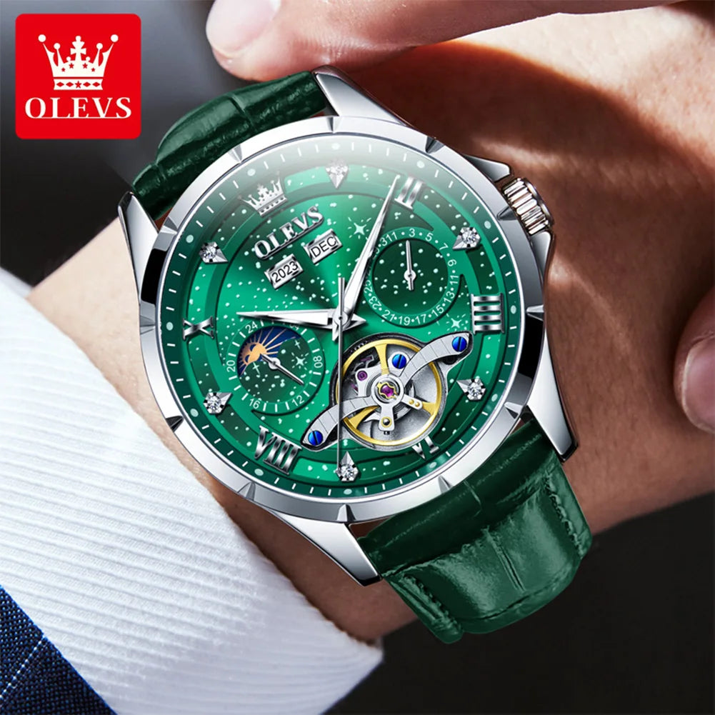 OLEVS 6690 Luxury Men Mechanical Watch Fully Automatic Watch Men's Brand Starry Sky Flywheel Moon Phase Hollow Men Formal Watch