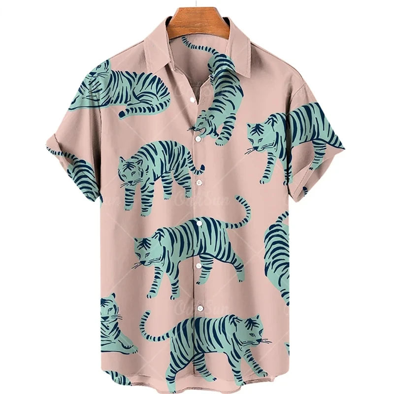 Hawaiian Animal Pattern Vintage Casual T-Shirt For Men 3D Print Leopard Tiger Short-sleeved Shirts Holiday Party Harajuku Tops