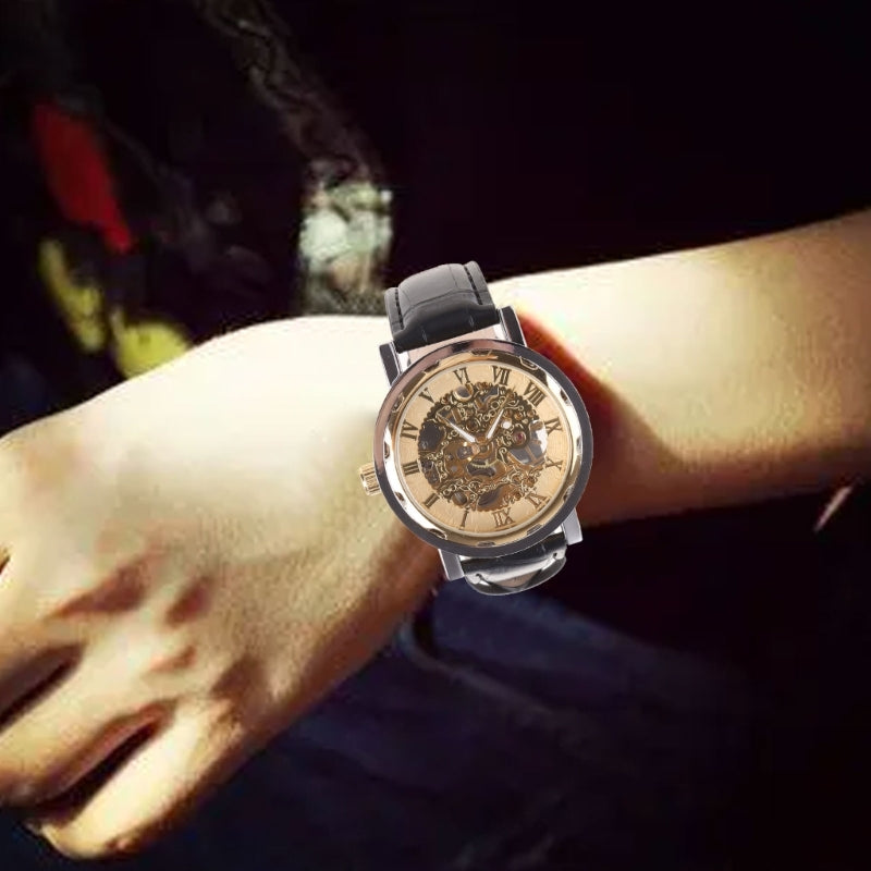 Mens Mechanical Watch Black Leather Gold Skeleton Sport Wristwatch Cool Relogio