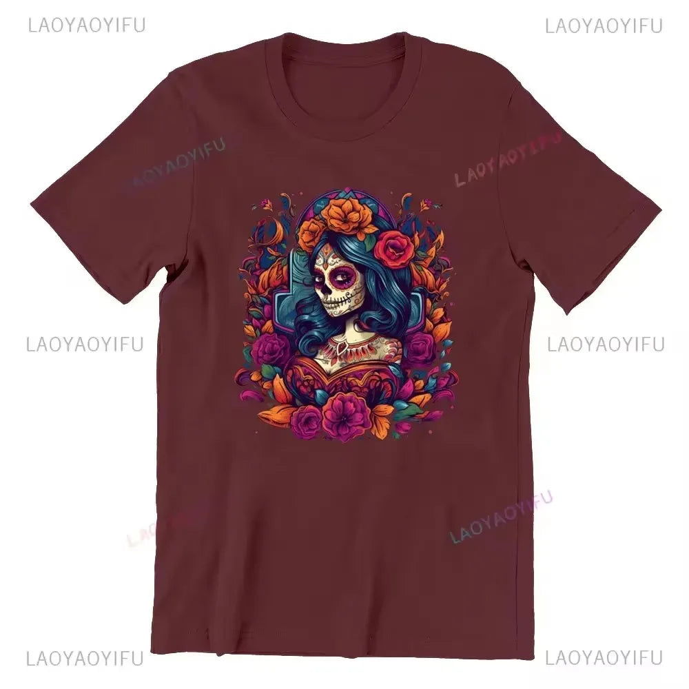 Sugar Skull T-Shirt La Catrina Girl with Purple Roses Dia De Los Muertos Sugar Skull Day of The Dead Tee Gifts for Men and Women