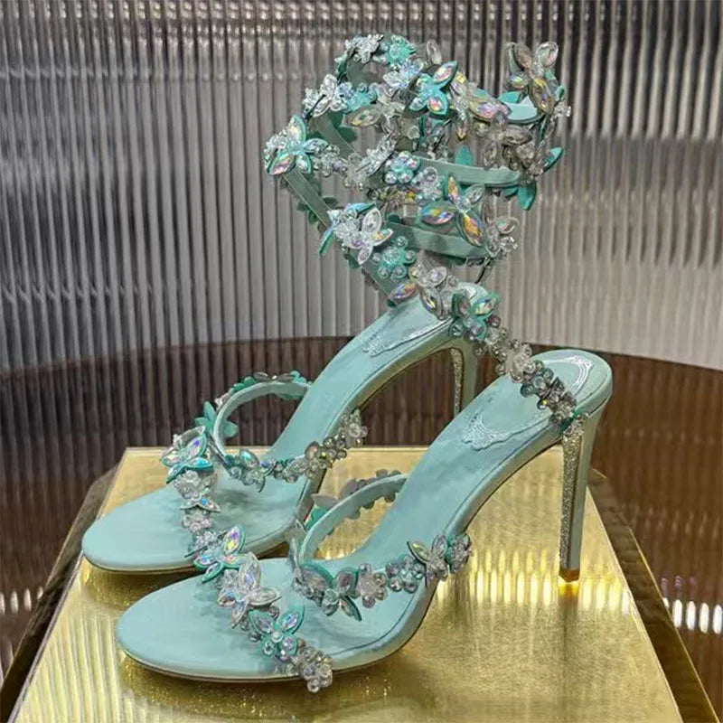 Sexy High Heels Sandals Woman Crystal Flower Snake Twine Around Ankle Strap Wedding Shoes Summer Gladiator Sandals Women