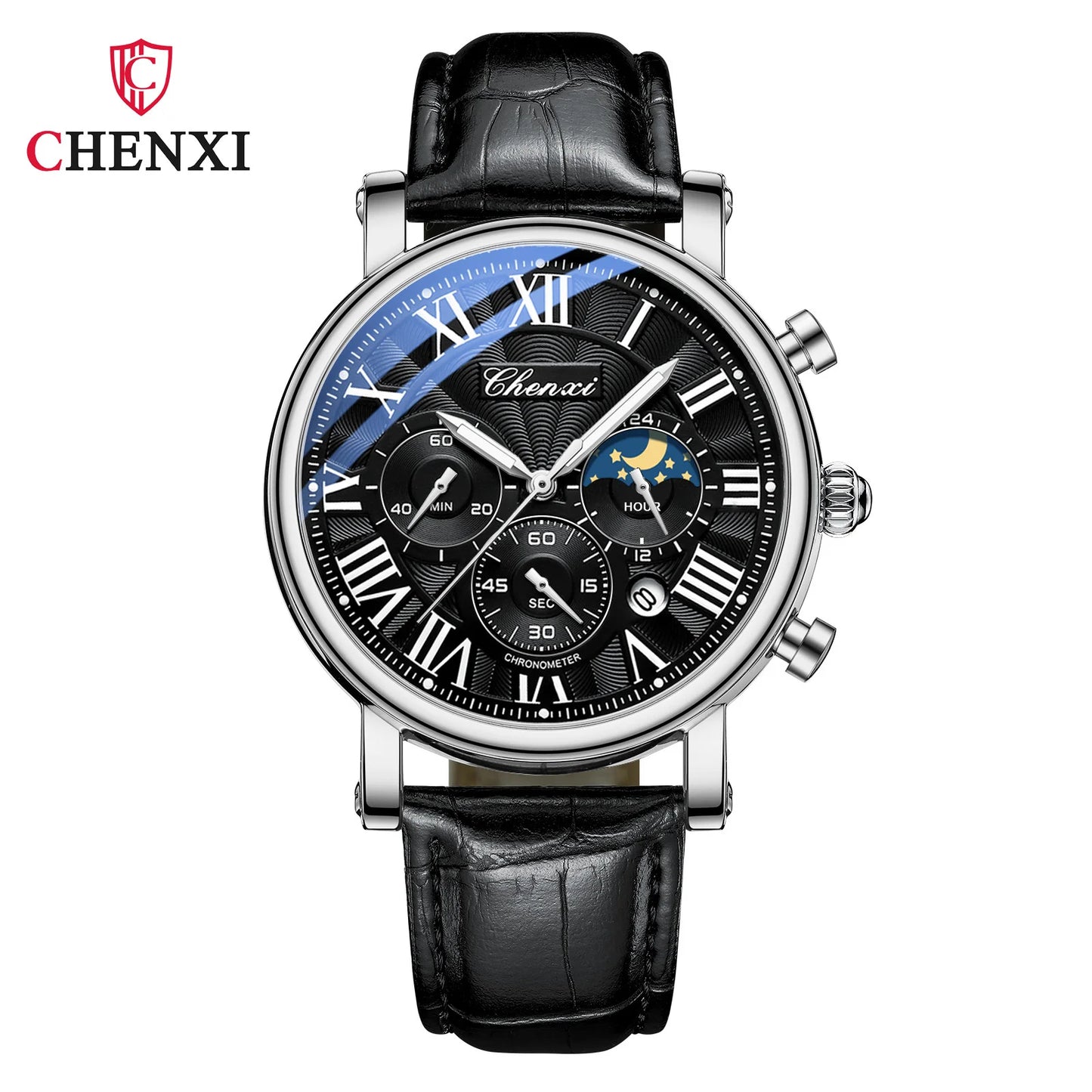 CHENXI 973 Quartz Watch Multi-function Business Moon Phase Date Waterproof Rome Analog Dial Leather Wrist Watch for Male