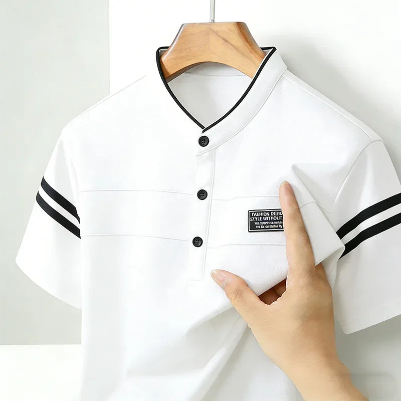 2026 Men's Mandarin Collar Polo Shirt Contrast Striped Short Sleeve Slim Fit Casual Daily Top