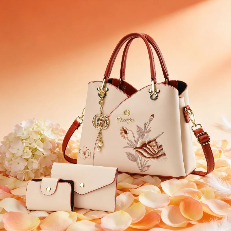 Mother's Day gift: a bag for mom，Carnation Embroidered Handbag，Beautiful tote bag for commuting，Lightweight, large-capacity thre