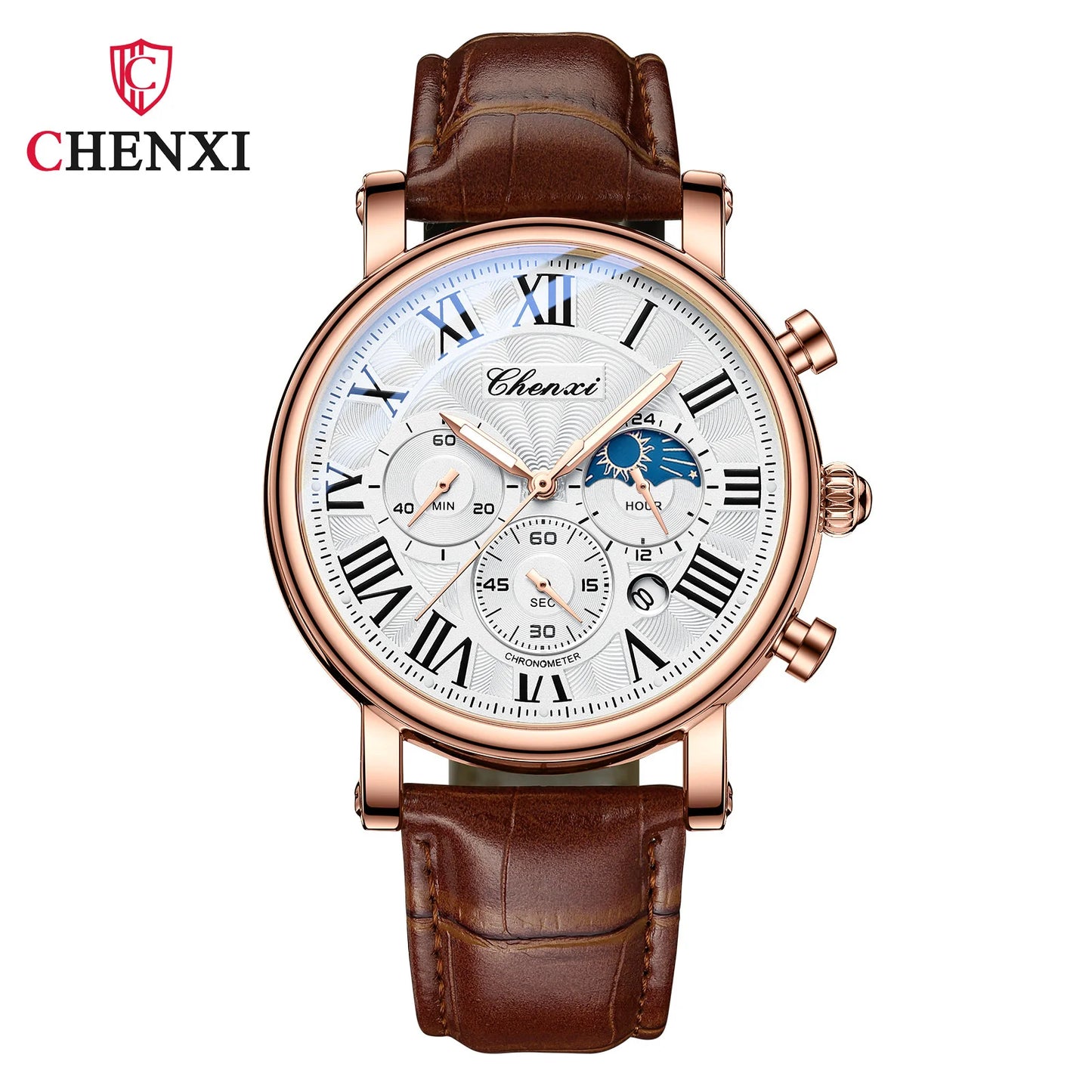 CHENXI 973 Quartz Watch Multi-function Business Moon Phase Date Waterproof Rome Analog Dial Leather Wrist Watch for Male
