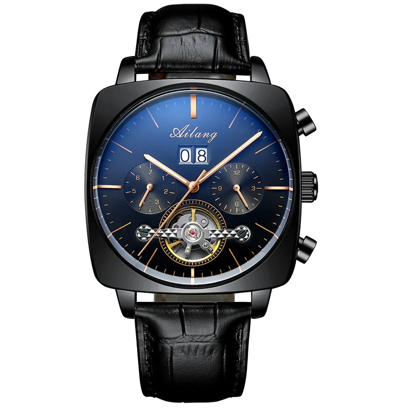 Ailang Men's automatic mechanical watch square case hollow waterproof luminous calendar multi-functional fashion wristwatch