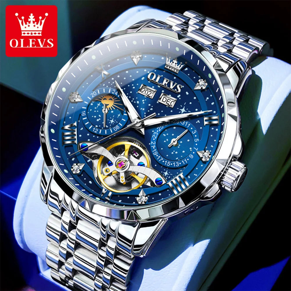 OLEVS 6690 Luxury Men Mechanical Watch Fully Automatic Watch Men's Brand Starry Sky Flywheel Moon Phase Hollow Men Formal Watch
