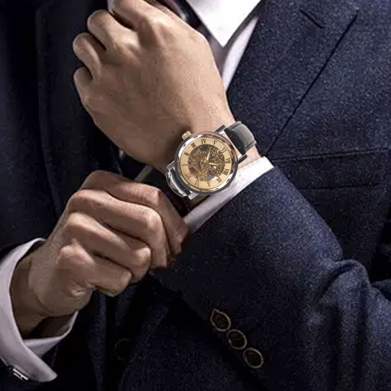 Mens Mechanical Watch Black Leather Gold Skeleton Sport Wristwatch Cool Relogio