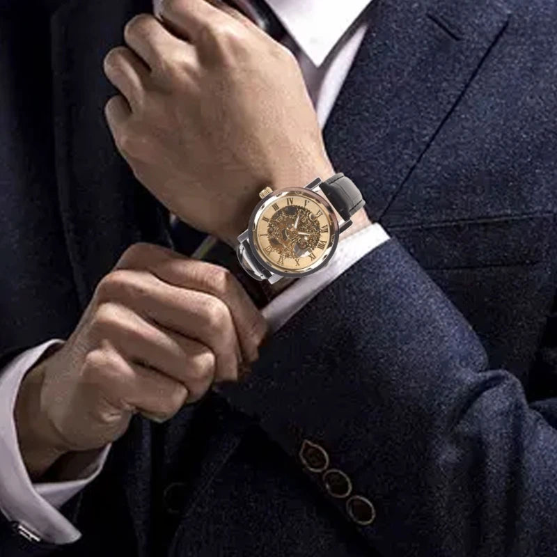 Mens Mechanical Watch Black Leather Gold Skeleton Sport Wristwatch Cool Relogio