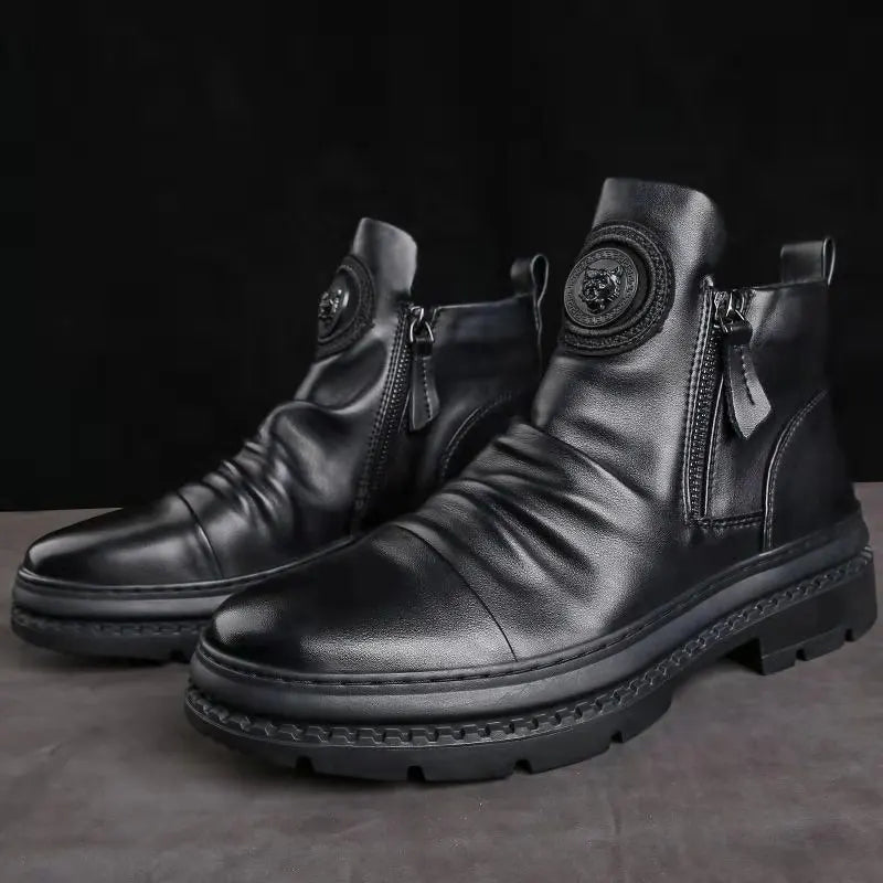 Men's Boots Fashion Motorcycle Boot Luxury Leather Ankle Boots Plush Warm Winter Boots for Men Casual Platform Boot Botas Hombre