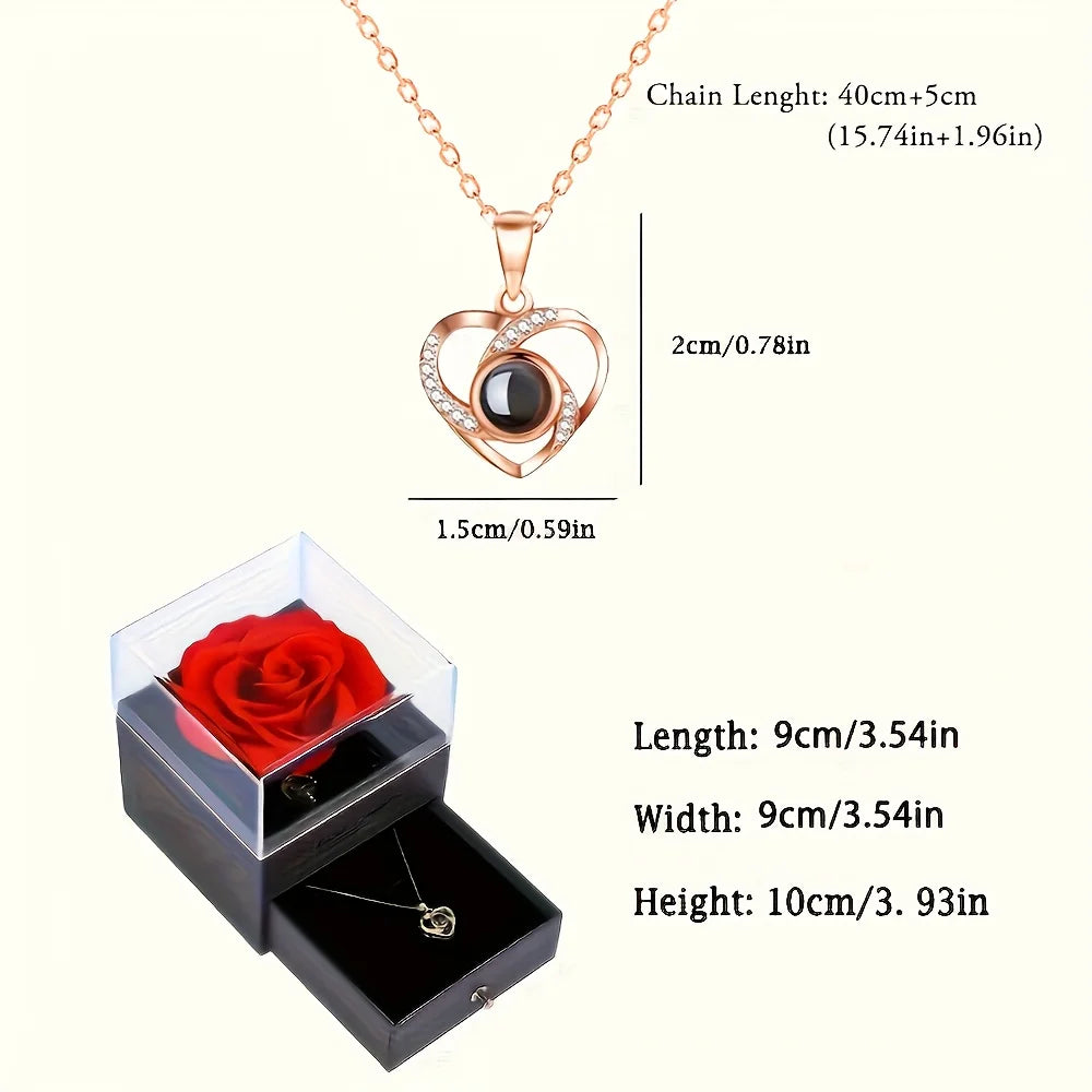 Mother's Day Gifts Projection Necklace with Luxury Rose Flower Gift Box 100 Languages I Love You Pendant Necklaces for Women