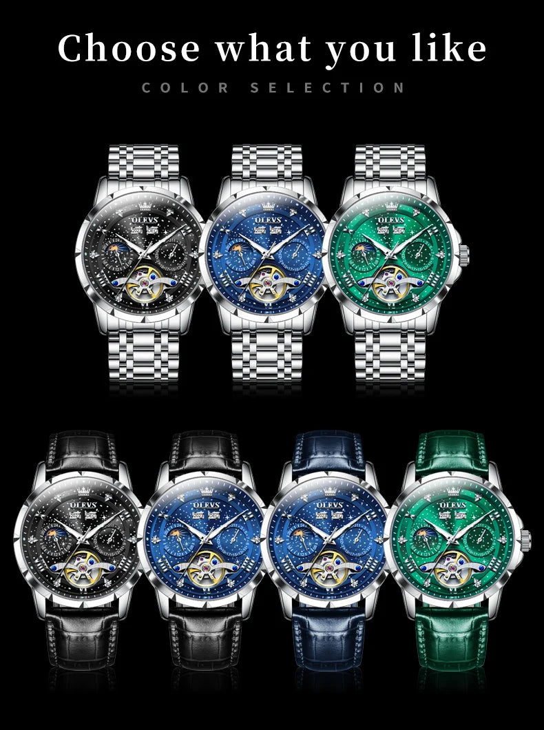 OLEVS 6690 Luxury Men Mechanical Watch Fully Automatic Watch Men's Brand Starry Sky Flywheel Moon Phase Hollow Men Formal Watch