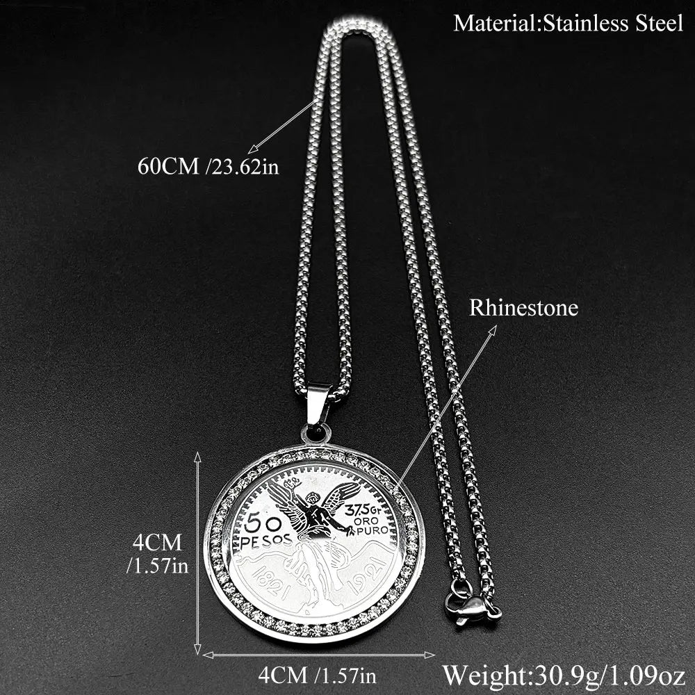 1921 Mexican 50 Pesos Rhinestones Pendant Necklace for Men Women Stainless Steel Gold Color Winged Victory Chain Amulet Jewelry