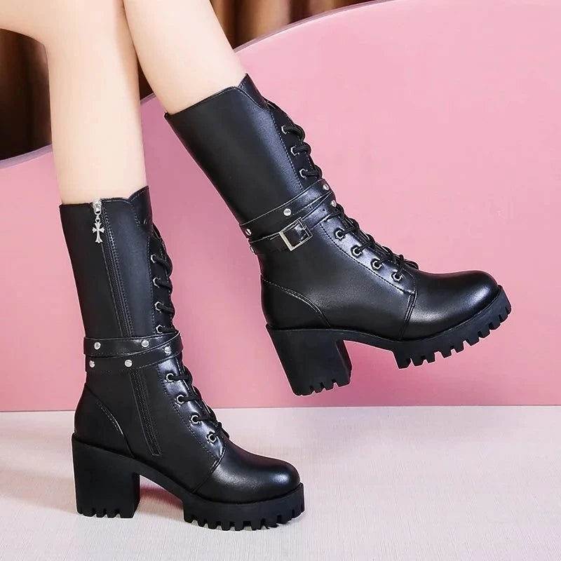 New Round Toe Square Heel Sexy Elegant Fashionable Women's Boots Comfortable Side Zipper Mid Heel Casual Fashion Women's Shoes