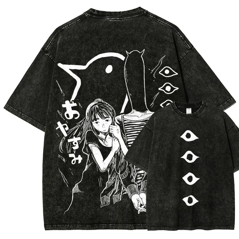 Goodnight Punpun Manga Funny Graphic Print T-shirt Women Men Fashion Retro Washed Cotton Tee Harajuku Oversized Loose Casual Top