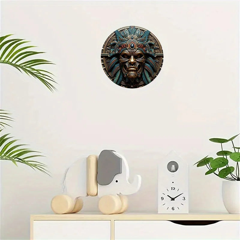 Aztec Warrior 8" Round Aluminum Wall Art - UV & Scratch Resistant, Easy-Hang Decor for Home, Office, Coffee Shop