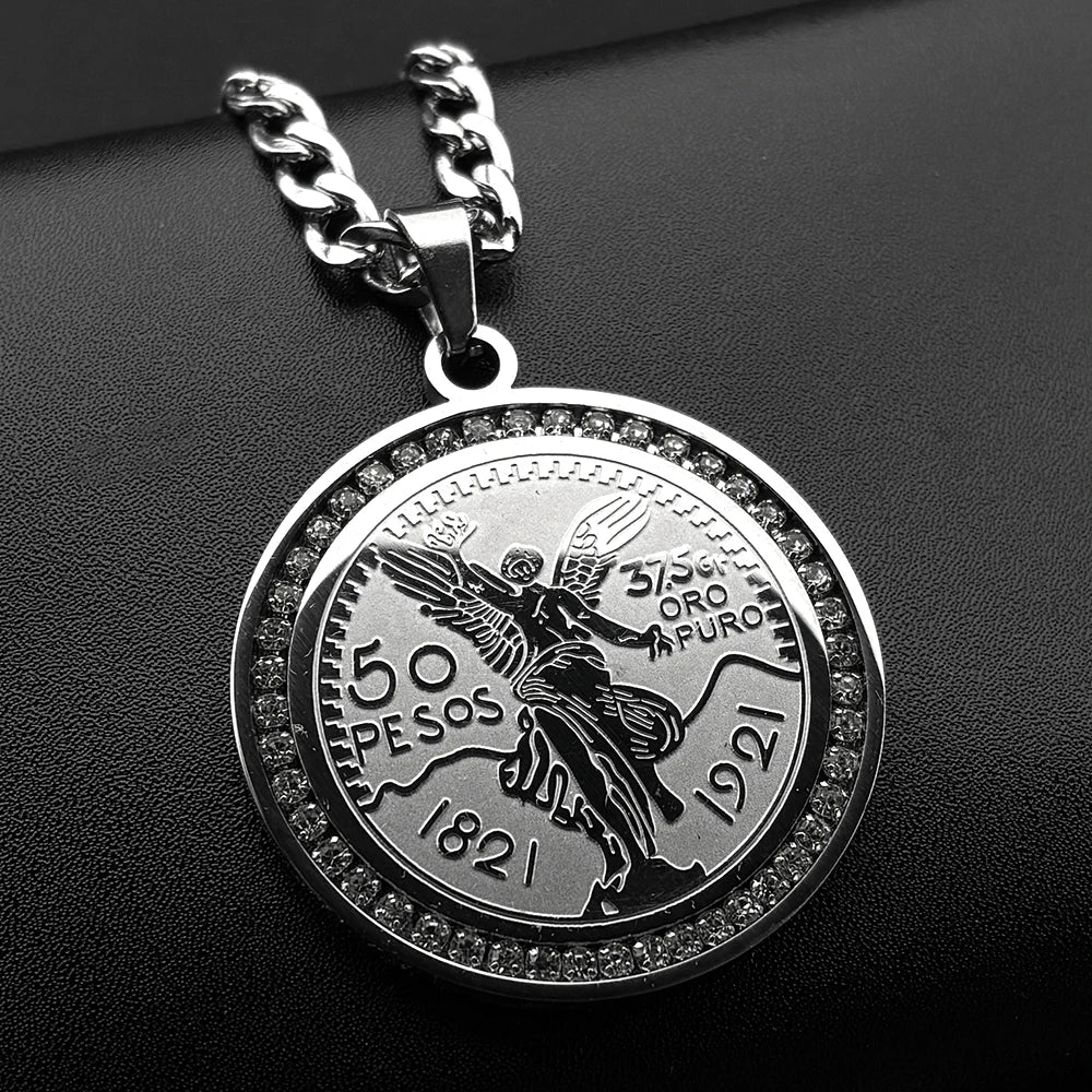 1921 Mexican 50 Pesos Coins Crystals Pendant Necklace for Men Women Stainless Steel Gold Color Winged Victory Chain Jewelry Gift