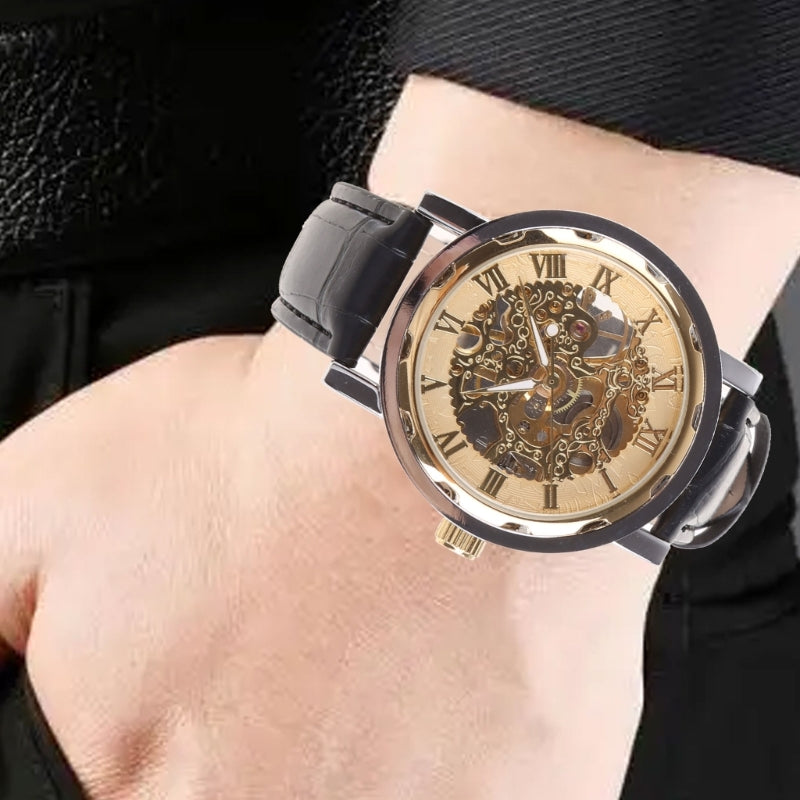 Mens Mechanical Watch Black Leather Gold Skeleton Sport Wristwatch Cool Relogio