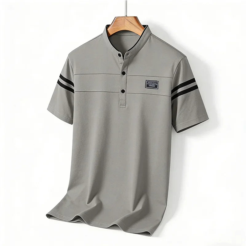 2026 Men's Mandarin Collar Polo Shirt Contrast Striped Short Sleeve Slim Fit Casual Daily Top